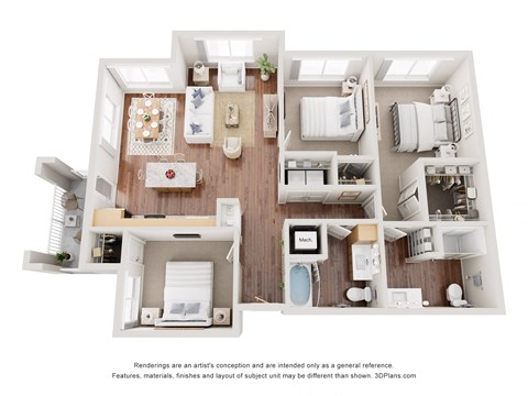 Floor plan for 3 beds, 2 baths, 1286 sqft